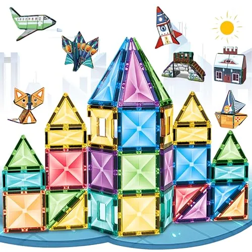 Magnetische Bausteine Set (100 Teile) - Magnetbausteine für Kinder ab 3 Jahre - Magnetsteine Kinderspielzeug für Jungen, Mädchen - pädagogische STEM Magnet-Spielzeug - Magnetic Building Blocks & Tiles