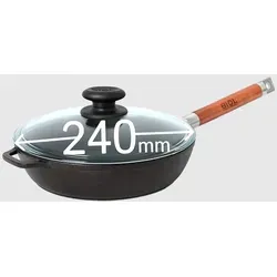 BIOL Tiefe Gusseiserne Pfanne 24cm mit Glasdeckel und abnehmbarem Holzgriff - Schwarz