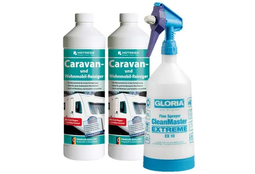 HOTREGA Caravan Wohnmobil Reiniger - Textil- und Markisenreiniger (2x 1L inkl. Sprühflasche) - Reinigungsmittel für Wohnmobile mit enormer Tiefenwirkung, ideal für grob strukturierte Oberflächen. Entfernt effektiv schwarze Regenstreifen, Vogelkot und mehr. Ergiebig und inklusive praktischer Sprühflasche.