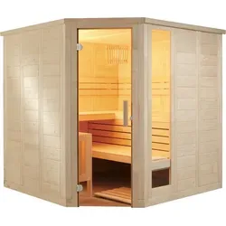 Harvia Komfort Corner Massivsauna – Ecksauna aus Fichte - Saunazubehör für anspruchsvolle Saunafreunde, bietet modernes Design, effiziente Wärmespeicherung und individuelle Ausstattungsoptionen für ein authentisches Saunaerlebnis.