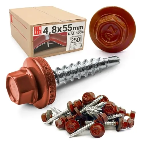 Stk. Set 4,8x55 mm Trapezblechschrauben RAL 8004 (Kupferbraun) mit EPDM Dichtscheibe – Sechskantschrauben aus Stahl für Trapezblech, Carport, Dachplatten 250