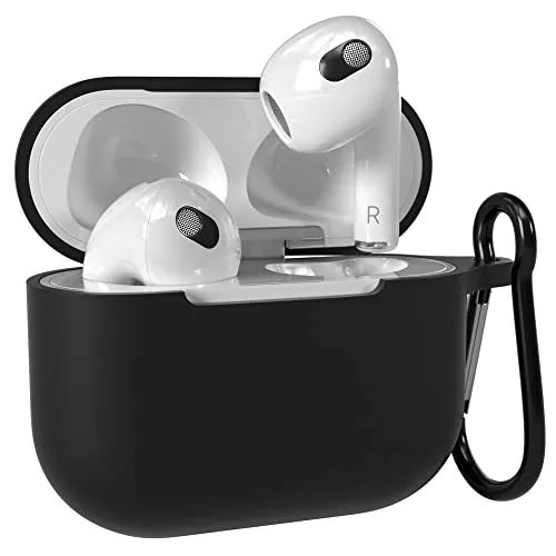 EAZY CASE - Schutzhülle für AirPods 3 Hülle Schwarz Silikon Case Stoßfest mit Karabiner geeignet als Schlüsselanhänger Antikratz Etui rutschfeste Silikonhülle für Airpod 3. Generation in Schwarz