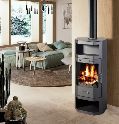 Apex Kaminofen 9kW mit Prismasichtscheibe - Eleganter 9kW Kaminofen mit großzügiger 180° Sichtscheibe. Ideal für eine gemütliche Atmosphäre im Wohnzimmer. Hohe Effizienz und langlebige Bauweise für nachhaltige Wärme.