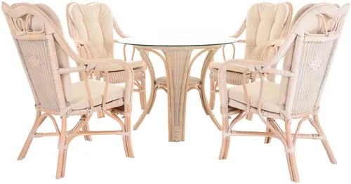 Set/5 Sitzgruppe Wintergarten-Set Rattan-Garnitur für 4 Personen - Elegante Rattan-Garnitur im Vintage Weiß, ideal für Lounge und Wintergarten. Mit abnehmbaren Sitzkissen für extra Komfort und einfache Reinigung.