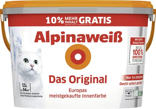 Alpina Wandfarbe Alpinaweiß Das Original - Matt Weiß 11 - Die Alpina Wandfarbe Alpinaweiß Das Original sorgt für strahlendes Weiß und perfekte Deckkraft. Ideal für ein einfaches und spritzfreies Streichen mit hochwertigem Finish. Für ein optimales Ergebnis empfehlen wir den speziellen Spritz-Schutz-Roller.