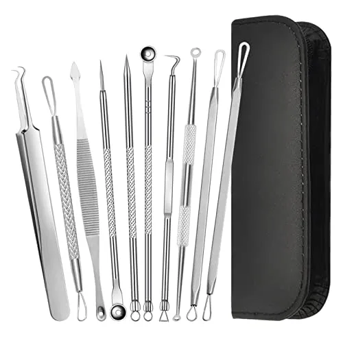 Fousenuk 10 stücke Mitesserentferner, Pickel Ausdrücken Werkzeug Set Blackhead Remover aus Edelstahl, Komedonenquetscher mit Aufbewahrungsbox Mitesser Entferner für Nasen, Gesichtspflege