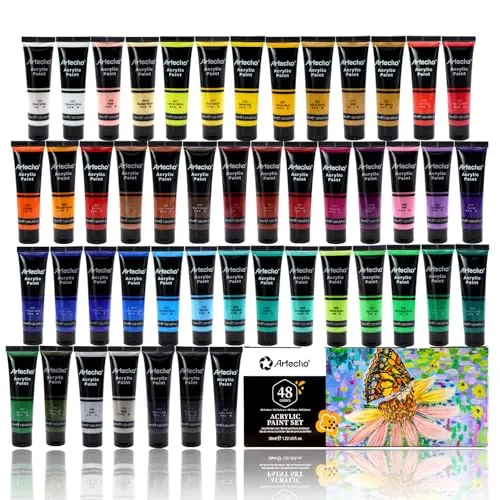 Artecho Acrylfarben Set 48 x 36 ml, Acrylic Paint Set, Wasserfest und Lichtecht, Schnell Trocknend, ideal für Leinwand, Papier und Stoffe, Geschenke zu Weihnachten und anderen Feiertagen