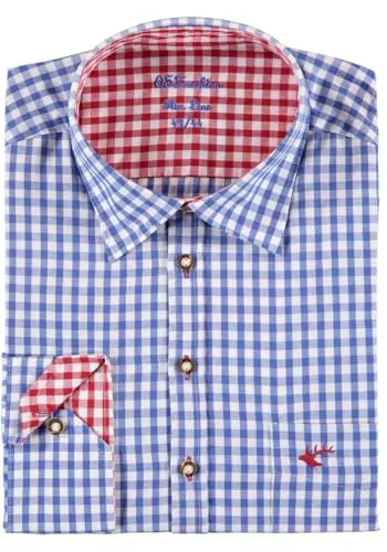 OS Trachten Herren Trachtenhemd Smegy in Mittelblau, Größe 35/36 - Elegantes Trachtenhemd mit Slim Fit, extra langen Ärmeln und Hirsch-Stickerei. Ideal für festliche Anlässe und den Alltag.