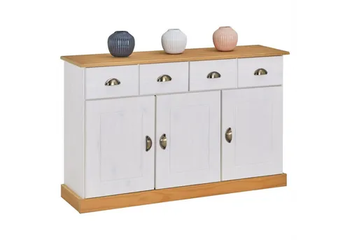IDIMEX Sideboard PARIS - Apothekerschrank mit 2 Schubladen - Sideboard in weiß/braun, aus massivem Kiefernholz, bietet mit 2 Schubladen und 3 Türen viel Stauraum und verleiht jedem Raum einen eleganten Look.
