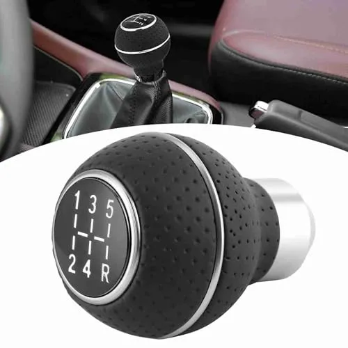Tissting 5 Gang Schaltknauf, Premium Aluminiumlegierung und Leder Schalthebel mit 3 Gewindeadaptern 2,17 x 2,95 Zoll, Austauschbarer Auto Getriebekopf für Schalt- und Automatikgetriebe