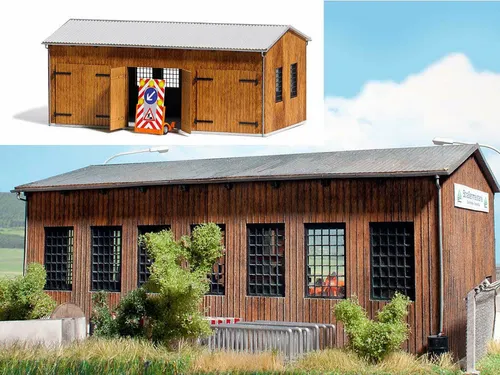 Busch 1456 Fahrzeughalle - Gebäude, Tunnel, Brücken - Detaillierte Fahrzeughalle im Maßstab 1:87 für realistische Modellbahn-Ausschmückung.