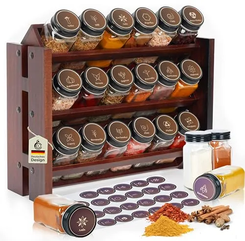 Elegantes dunkles Gewürzregal Holz Stehend & Wand 18 GEWÜRZGLÄSER 25 ETIKETTEN Gewürz Organizer Spice Rack Kitchen Shelf Wood Vintage Gewürzständer - Gewürzregalsystem Hängend - Gewürzaufbewahrung