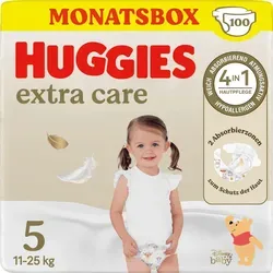 Huggies Babywindeln Extra Care Disney-Design Größe 5 - 100 Stück - Windeln mit 4-in-1 Hautpflege, hypoallergen und atmungsaktiv. Mit niedlichem 'Winnie Puuh'-Design für mehr Wickelspaß und sicherem Schutz für die empfindliche Haut Ihres Babys.