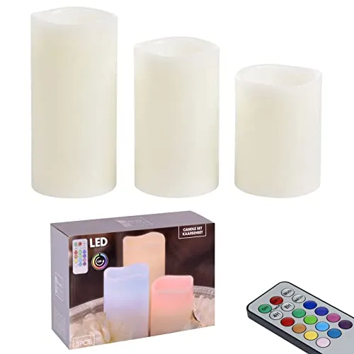 HAC24 3tlg. LED Kerzen Set Inkl. Fernbedienung Echtwachs Kerze Ø 7,5 cm Kerzenset Echtwachskerzen mit Farbwechsel Timerfunktion Flammenloses Kerzenlicht
