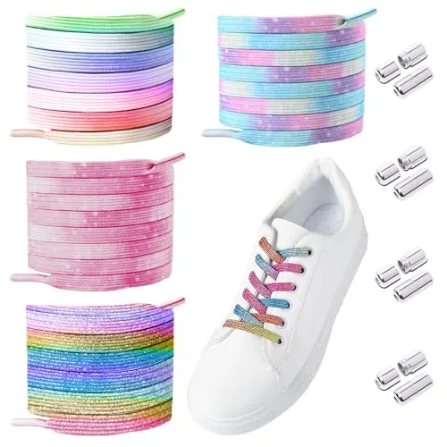 Produktbild MEMOFYND 4 paar bunte Schnürsenkel ohne Krawatte, elastische Schnürsenkel mit Metallschnalle, universelle Ersatzschnürsenkel, geeignet für Segeltuchschuhe, Sportschuhe, Stiefel, Hosenseil (120 cm)