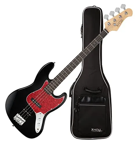 Rocktile Pro JB-30BK 70's Deluxe E-Bass Black Set - Jazz-Style E-Bass - Body: Pappel, Hals: Ahorn - Griffbrett: Engineered Wood - 2 Single-Coil Tonabnehmer - Spar-Set inkl. Gigbag - Schwarz