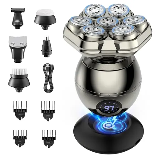 iWarmbase Glatzen Rasierer Herren, 6-in-1 Kopfrasierer Glatze mit 7D Magnetische Schwebender Kopf, IPX7 Wasserdichter Nass und Trocken Glatzenrasierer mit Nasenhaartrimmer