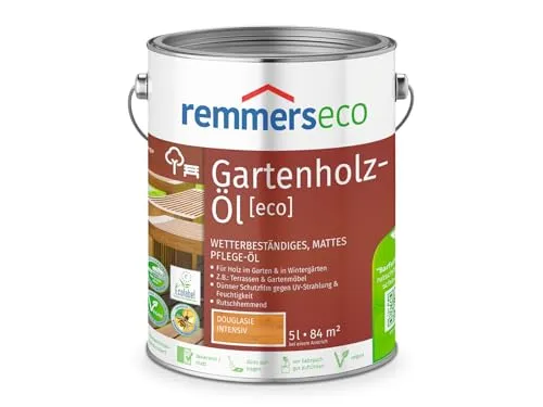 Remmers Gartenholz-Öl [eco] Douglasie Intensiv 5L - Holzöle – Wasserbasiertes, umweltfreundliches Pflegeöl mit EU Ecolabel. Ideal für Terrassen und Gartenmöbel, bietet optimalen Wetterschutz und UV-Schutz.