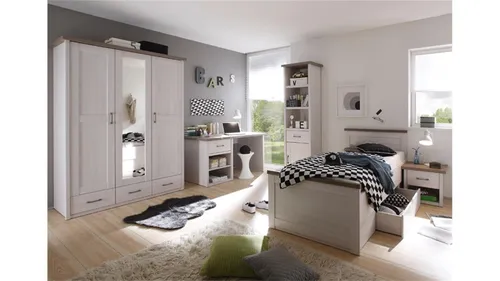 Jugendzimmer 5-teilig Set Luca Kleiderschrank Jugendbett Schreibtisch Pinie weiß