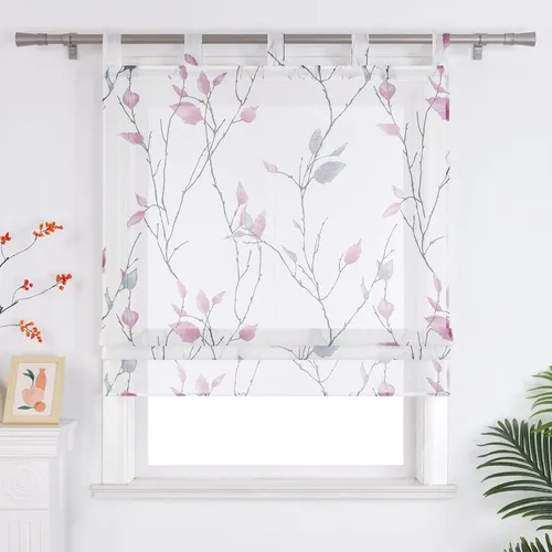 Joyswahl Raffrollo mit Schlaufen für die Küche - Transparentes Design in Lila - Hübsches Raffrollo in Lila mit lebendigem Äste- und Blätter-Muster. Ideal für die Küche, sorgt für sanften Lichtdurchlass und eine angenehme Atmosphäre. Einfache Montage mit Schlaufen für unkomplizierte Handhabung.