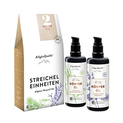 AllgäuQuelle® BIO Körperöl Set STREICHEL EINHEITEN - Naturkosmetik Geschenkset mit 2 x 100 ml Bio Körperölen, pflegt trockene Haut mit hochwertigen Pflanzenölen und 100 % naturreinen ätherischen Ölen. Ideal für alle Hauttypen!