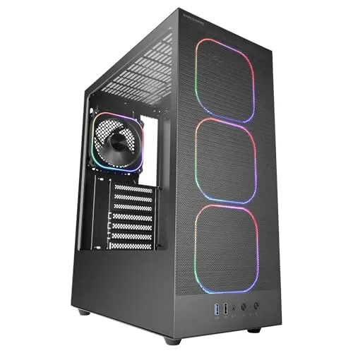 Mars Gaming MC-Nebula ATX Gaming-Gehäuse, 4 Line-Glow ARGB 120 mm Lüfter, Front Mesh Metall mit Mikroperforation, CableHatch, Seitenwand aus Gehärtetem Glas, Schwarz