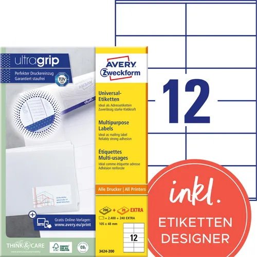AVERY Zweckform Universal Etiketten 105x48mm - Adress-Etiketten (A4-Drucker) für dauerhaften Halt, ideal für Beschriftungen und Organisation im Büro oder Zuhause.