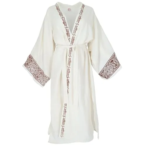 GURU SHOP Baumwollkimono, Oversize Kimono Mantel - Naturweiß für Damen - Eleganter Oversize Kimono aus nachhaltiger Baumwolle mit handgefertigtem Druck. Vielseitig kombinierbar zu Jeans oder im Strandurlaub, bietet er höchsten Tragekomfort an warmen Tagen.