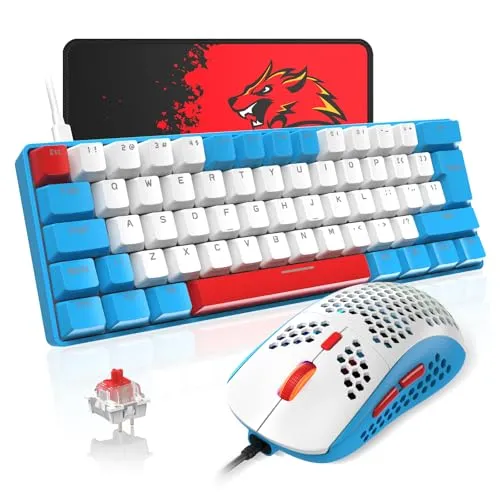 T60 Mini 60% Mechanische Tastatur-Maus-Sets, Kompakt 62 Tasten, Typ C Wired, 19 Hintergrundbeleuchtung Gaming-Tastatur + 6400 DPI RGB Maus + Mauspad, UK Layout für PC,Laptop - Blau/Rot Schalter