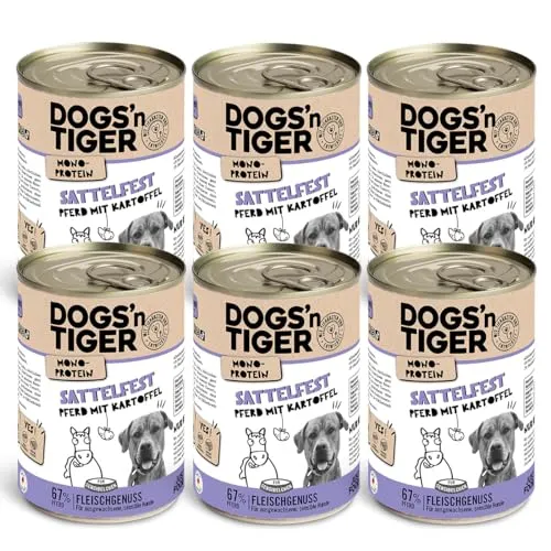 Dogs'n Tiger Monoprotein, Sattelfest, Adult Premium Hundenassfutter mit Pferdefleisch & Kartoffeln, hypoallergen, ohne Getreide, Zuckerzusatz, Mit optimale Verträglichkeit, 6X 400g
