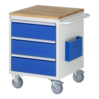 Rau Werkstattwagen Serie 7000, 450kg Tragkraft - Montagewagen mit robuster Buche-Massiv-Arbeitsplatte, zentral abschließbar und mit 3 Schüben. Ideal für Werkstätten, Tragkraft von 450 kg.