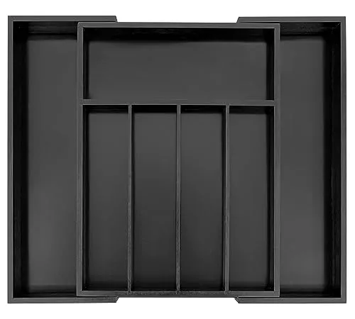 VaeFae Besteckkasten für Schubladen aus Bambus,Verstellbarer Besteckkasten Holz,Schubladen Organizer Küche, Besteckeinsatz für Löffel, Gabeln, Messer (schwarz)