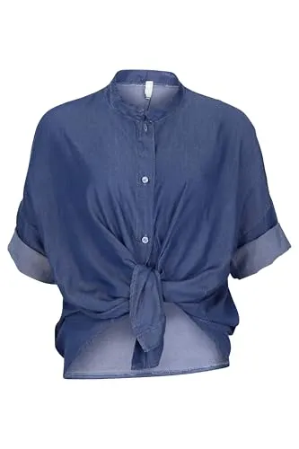 Malito - Damen Oversized-Bluse - Denimbluse mit Knotendetail - hautfreundliche Bluse in Jeans-Optik - Kurzarm Jeansbluse 2309 - Dunkelblau