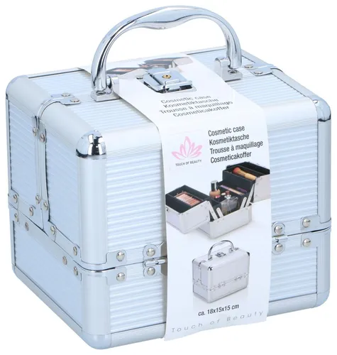 Touch Of Beauty Make-up Koffer Silber - Kosmetik Organizer - mit Griff und Schlüsselschloss - 18 x 15 x 15 cm - Innen Mit Fleece Ausgekleidet - Leicht zu Tragen - Aluminium