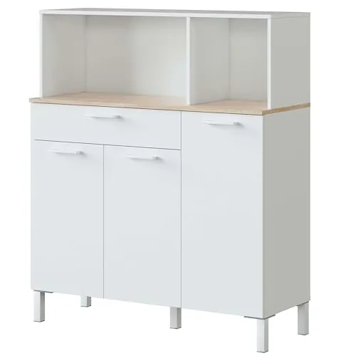 Habitdesign Küchenschrank, Sideboard mit 3 Türen und 1 Schublade - Midi- & Hochschrank für Küchen, bietet viel Stauraum mit 3 Türen und einer Schublade, modernes Design in Arktis-Weiß und kanadischer Eiche, ideal für Ihre Küche.
