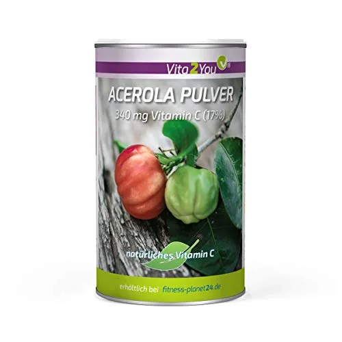 Vita2You Vitamin C Acerola Pulver - 200g - 340mg natürliches Vitamin C - Hochdosiert mit 17% Vitamin C - Premium Qualität