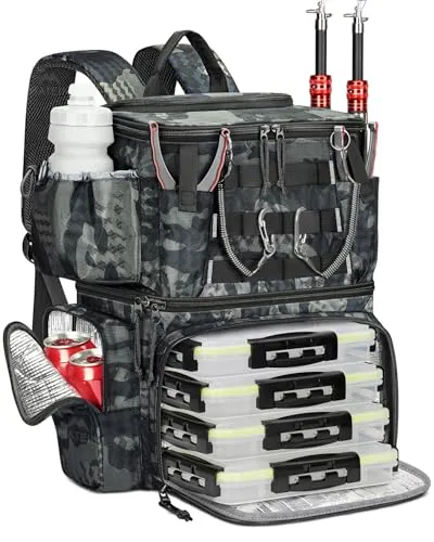 MATEIN Angelrucksack mit 4 Köderboxen und Rutenhalter