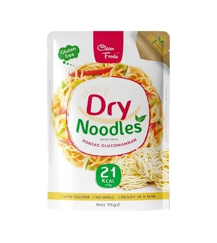 CleanFoods Rohnudeln Dry Noodles 75g Packung I Konjac Glucomannan I geruchsfrei I vegan glutenfrei fettfrei low carb I nur 21 Kalorien je 25g I in 5 Minuten fertig (1)
