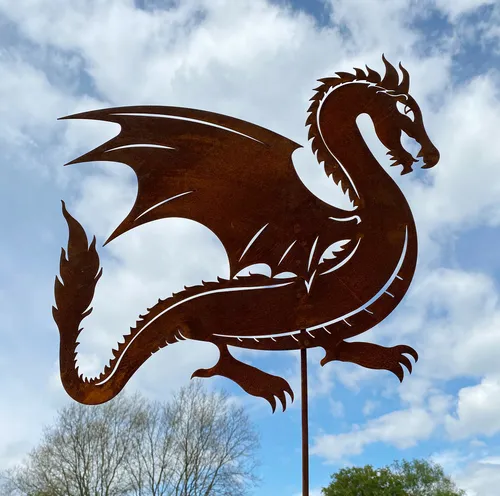 Drache stehend 63x58cm + Stab Edelrost Gartenstecker Rost Metall Dragon