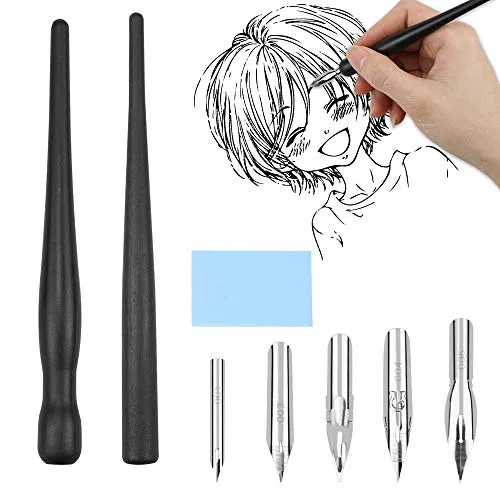 Meetory Federhalter und Halter Set, Federhalter mit Zeichenfeder für Comics, Stifthalter, 2 Federhalter 5 Federn 1 Radiergummi für Zeichnungen für Karikaturisten und Künstler