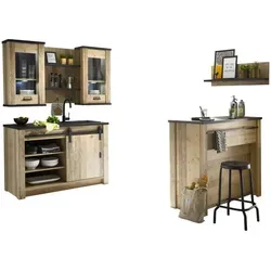 Furn.Design Küche mit Theke Used Wood hell Holz und anthrazit/grau - Midi- & Hochschränke für Küchen im Landhausstil, nachhaltig aus FSC-zertifiziertem Holz, mit stilvollen Scheunentorbeschlägen und Soft-Close-Funktion für hohen Komfort.