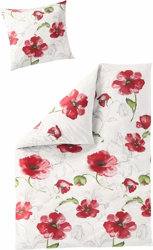 Traumschloss Seersucker Sommer Bettwäsche mit roten Blumen 200 x 200 cm - Die Traumschloss Seersucker Bettwäsche in rot-weiß ist ideal für warme Nächte. Aus 100% Baumwolle gefertigt, sorgt sie für eine angenehme Luftzirkulation und hohen Komfort. Mit praktischem Reißverschluss und pflegeleicht bis 60°C.