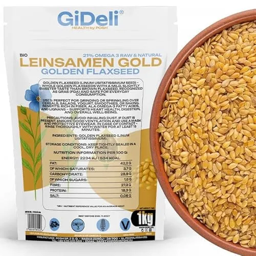 GiDeli Leinsamen Gold 1kg ganze goldleinsamen – ohne Zusätze – Leinsaat ideal zum Backen – vegan – Körner naturbelassen – perfekt für Müsli, Brot & Smoothies