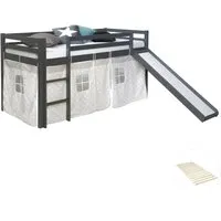 Homestyle4u Hochbett 90x200 cm Grau mit Rutsche und Vorhang Sterne - Hochbett 90x200 cm aus massivem Kiefernholz, mit integrierter Rutsche und bezauberndem Sternenvorhang – ideal für ein kinderfreundliches Zimmer voller Abenteuer!