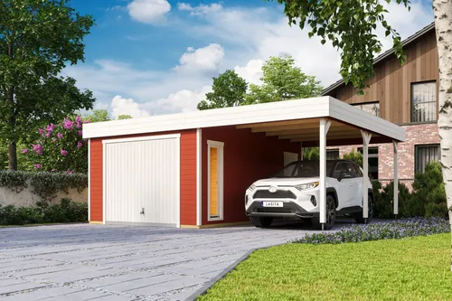 Garage Pultdach 44 mm Bahamas mit Schwingtor rot 680x560 cm - Gartenhäuser, außergewöhnlich robust mit 44 mm Wandstärke und abschließbarem Schwingtor für optimale Sicherheit und Stauraum.