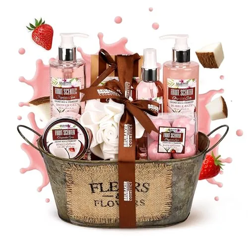 BRUBAKER Geschenkset Coconut Milk und Strawberry - 10-teiliges Bade- und Dusch-Set mit Kokosnuss- und Erdbeerduft, ideal zum Verwöhnen und Verschenken, inklusive dekorativem Badezuber