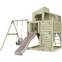 PolarPlay Spielturm Lotta - Spielspaß für Kinder - Schaukel- und Spielturm aus unbehandeltem Holz, ideal für kreative Abenteuer im Garten. Mit Kletterwand, Schaukel und Sandkasten für endlosen Spielspaß!