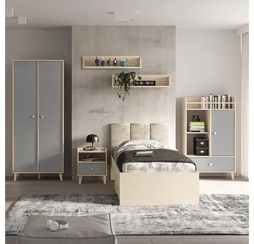 Lomadox Jugendzimmer-Set MODICA-131, (Sparset, 6-tlg., Bett Nachtschrank Regal Wandboards Kleiderschrank), in Sandbeige mit grau, fühlbare Oberfläche, Liegefläche 90x200cm