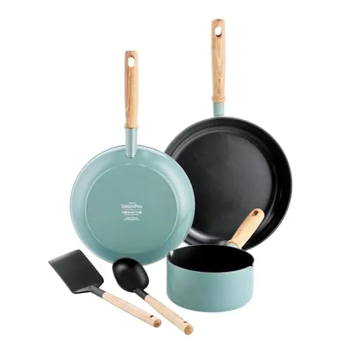 GREENPAN Pfannen-Set Mayflower (CC001592-001) - Pfannenset mit PFAS-freier Keramik-Antihaftbeschichtung für gesundes Kochen. Ideal für alle Kochflächen, inklusive Induktion. Ergonomische Griffe aus Eschenholz sorgen für Komfort und Eleganz.