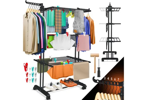 KESSER® Wäscheständer-Turm mit Rädern - Platzsparender Wäschetrockner für Innen & Außen mit 4 Etagen, 2 drehbaren Seitenflügeln und einer Tragkraft von bis zu 50 kg – ideal für bis zu 62 Kleidungsstücke.